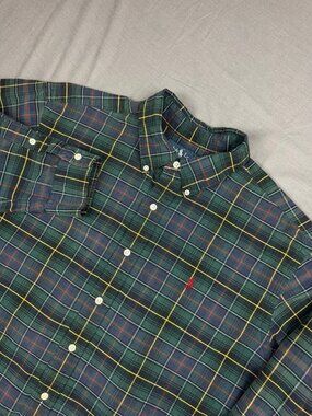 VTG Ralph Lauren Shirt Men XL Oxford Tartan Plaid Green Button Up Classic Pony